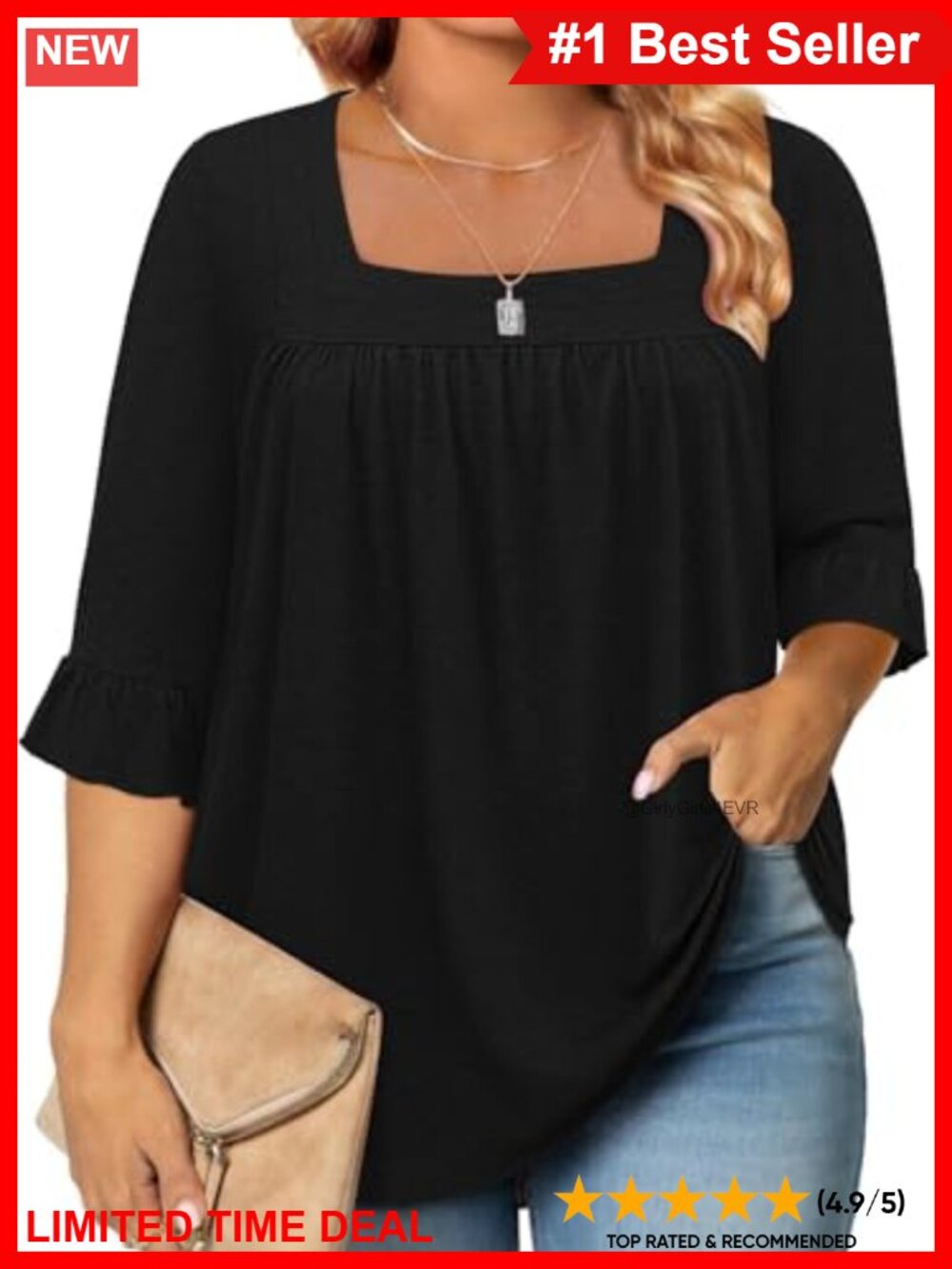 Plus Size Square Neck Ruffle 3/4 Sleeve Tunic Blouse Loose Fit Casual Top